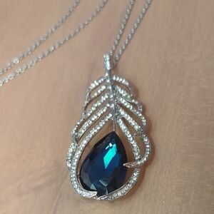 Women's Silver Leaf Pendant Necklace with Deep Blue Teardrop Crystal